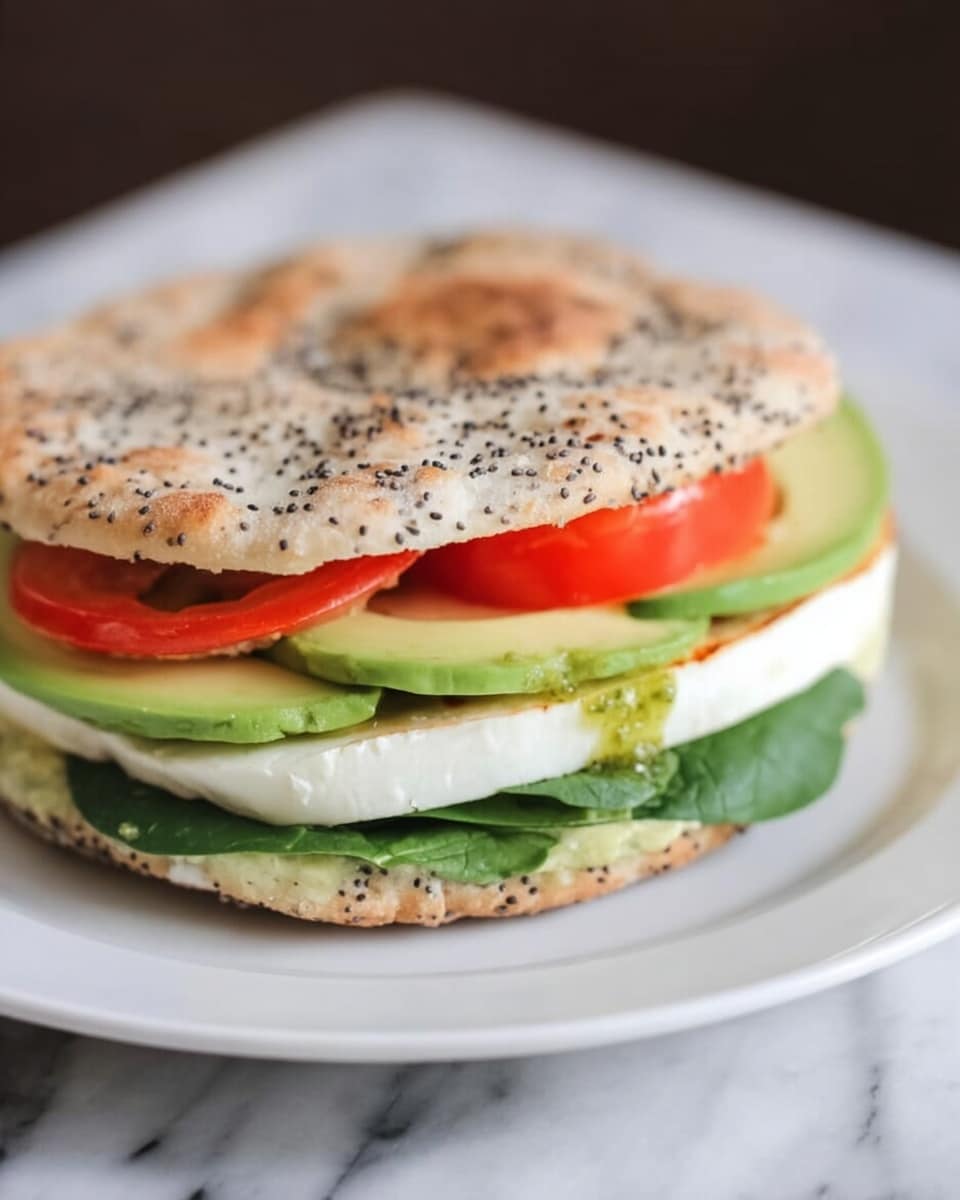 The image shows a sandwich with three layers inside a round flatbread that has black sesame seeds on top. The first layer is green spinach leaves placed at the bottom. Above the leaves, there is a thick white layer of cheese, topped by a red tomato slice. On top of the tomato, there are slices of light green avocado. The sandwich is closed with the flatbread, which has a spot of green sauce in the middle on top. The sandwich sits on a white plate on a white marbled surface. Photo taken with an iphone --ar 4:5 --v 7