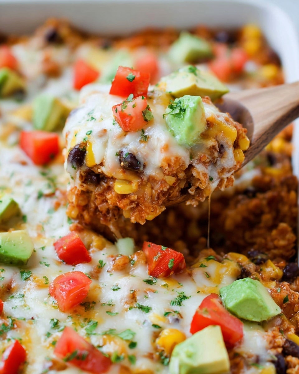 The image shows a close-up of a colorful layered dish being scooped up with a wooden spoon. The bottom layer is a mix of reddish-orange grains or rice with some black beans spread evenly. Above that, there's melted white and yellow cheese, creating a soft and gooey texture. Scattered on top are small cubes of red tomato and green avocado, adding fresh pops of color. Tiny green herb bits are sprinkled over everything, giving a fresh touch. The dish sits on a white marbled surface in the background. photo taken with an iphone --ar 4:5 --v 7