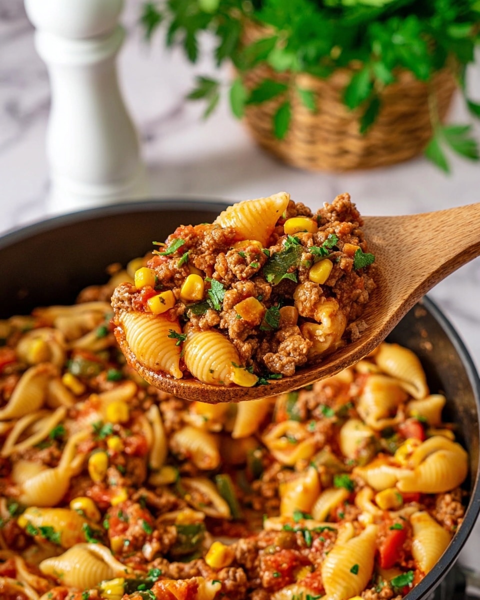 A wooden spoon holds a scoop of pasta shells mixed with ground meat, yellow corn kernels, small pieces of green and red bell peppers, and tomato sauce, all topped with chopped green herbs. Below the spoon, there is a black pan filled with the same pasta mix, showing layers of shell pasta, meat, corn, and sauce with herbs scattered on top. The background features a white marbled surface, a white pepper shaker, and a green leafy plant in a basket. photo taken with an iphone --ar 4:5 --v 7