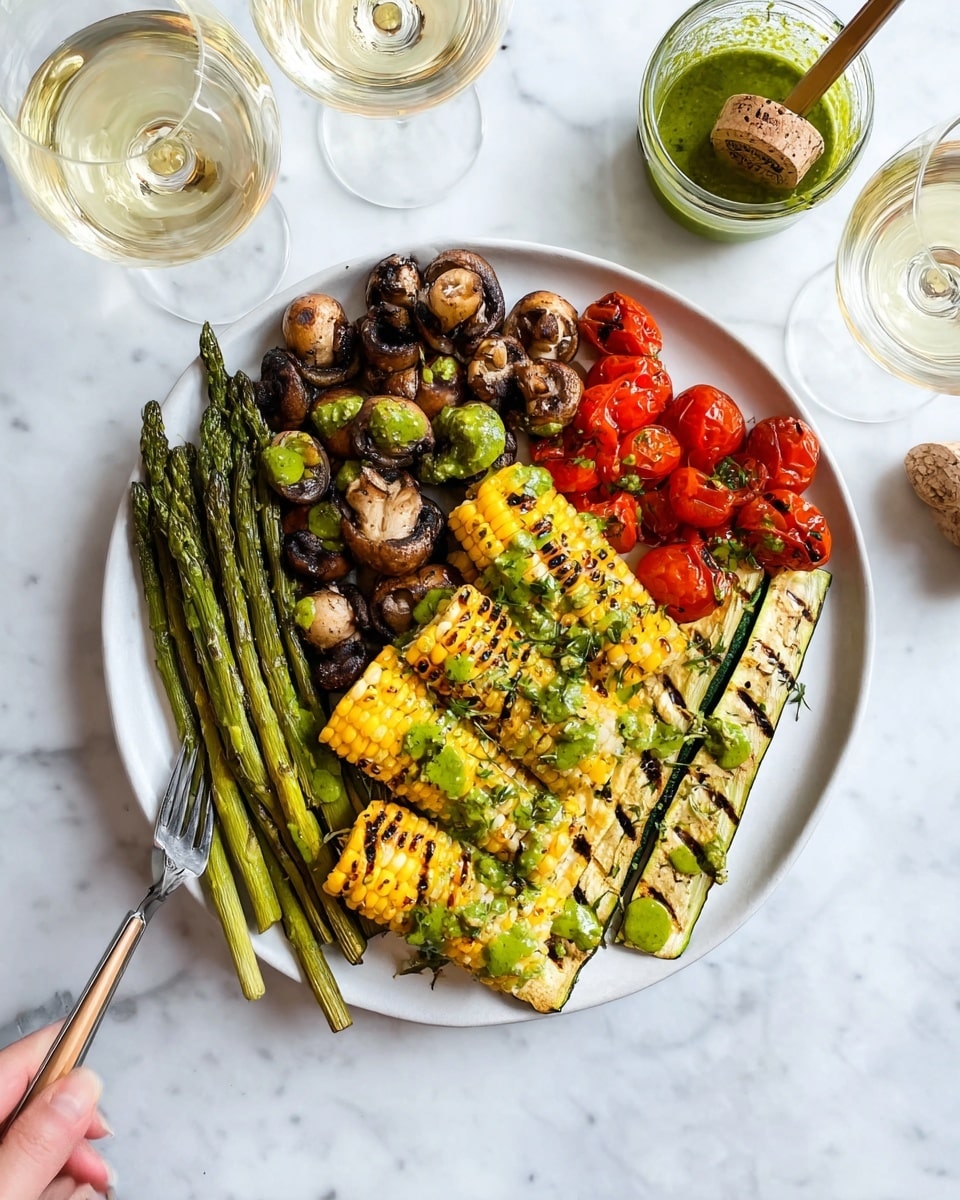 A white plate filled with five groups of grilled vegetables on a white marbled surface: along the left side is a cluster of green asparagus spears with a slight char; next to it, in the center, are yellow corn pieces with black grill marks, topped with small green sauce drizzles; above the corn is a pile of browned mushrooms, also dressed with spots of green sauce; to the right of the corn is a bunch of bright red cherry tomatoes with some green herbs; and on the far right are several grilled zucchini strips, showing dark grill lines and some green sauce splashes. In the background, there is a clear glass container with green sauce, a cork, a wine bottle neck, and glasses of white wine. Woman's hand holding a small fork is seen on the left. Photo taken with an iphone --ar 4:5 --v 7