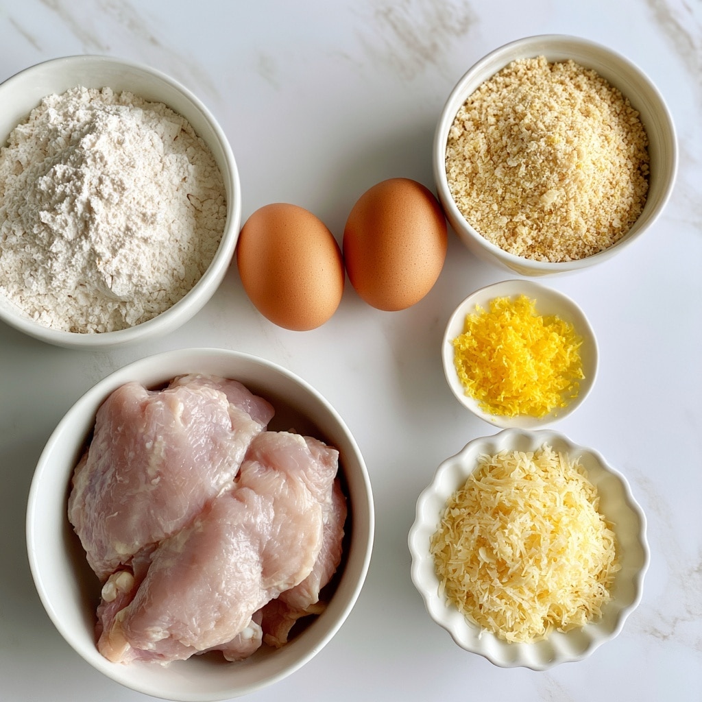 The image shows a collection of raw ingredients arranged neatly on a white marbled surface. At the bottom left, there is a white bowl holding three large light pink pieces of raw chicken. Above the chicken, two brown eggs rest side by side on the surface. To the left, there is a white bowl filled with fine white flour, while to the right of the eggs, a white bowl contains light golden breadcrumbs. Next to the breadcrumbs, a small white bowl holds finely grated bright yellow lemon zest. At the bottom right, a white scalloped bowl is filled with a pale yellow shredded parmesan cheese. All items are well spaced and clearly visible, with natural lighting enhancing the colors and textures photo taken with an iphone --ar 4:5 --v 7