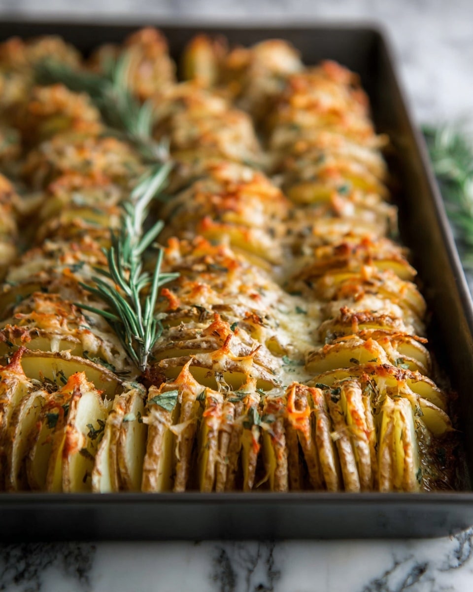 The dish features many thin, vertical layers of golden-brown potato slices arranged closely in circular rows on a white plate, each slice showing a slightly crispy edge. The potatoes are topped unevenly with melted white and pale orange cheese, some parts browned from baking, along with finely chopped green herbs sprinkled across all layers. Fresh sprigs of rosemary and thyme with bright green leaves lay on top, adding color and texture contrast to the warm brown and beige tones of the potatoes and cheese. The plate is placed on a white marbled surface. photo taken with an iphone --ar 4:5 --v 7
