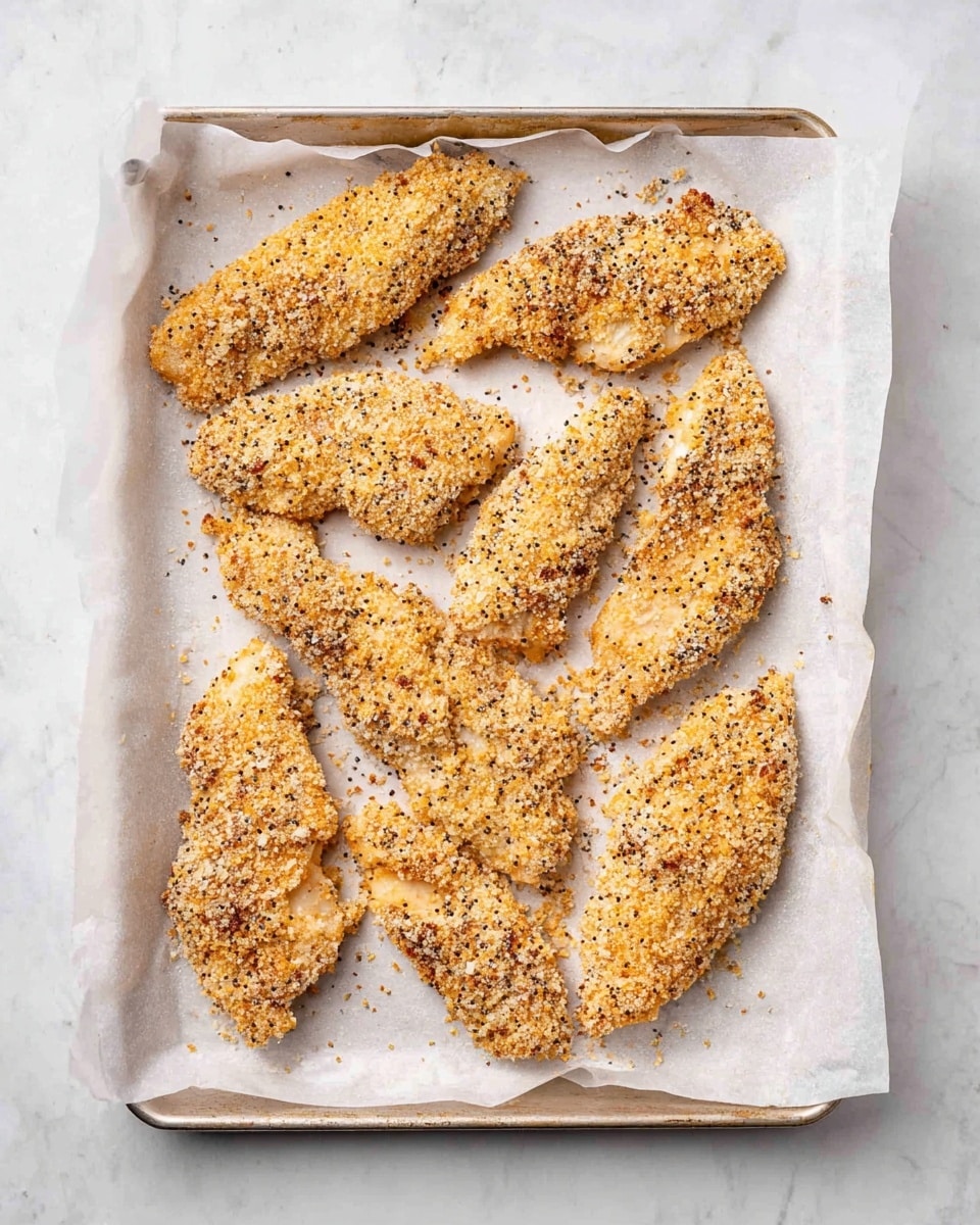 A baking tray lined with white parchment paper holds nine pieces of breaded chicken tenders. Each tender is covered in a light golden coating mixed with black and white pepper specks, giving a textured and crunchy look. The chicken pieces vary slightly in size and shape, arranged neatly to fill the tray. The tray sits on a white marbled surface, making the warm tones of the chicken stand out. Photo taken with an iphone --ar 4:5 --v 7