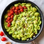 Creamy Pesto Shells with Cherry Tomatoes and Vegetables Recipe