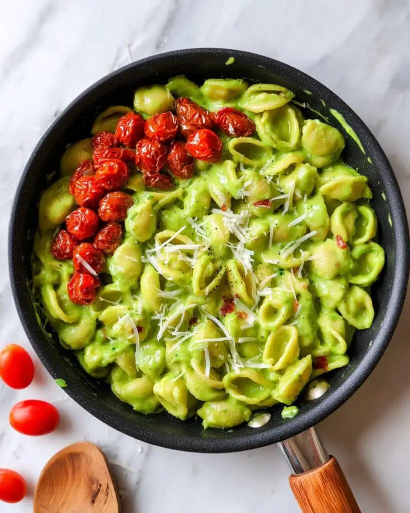 Creamy Pesto Shells with Cherry Tomatoes and Vegetables Recipe