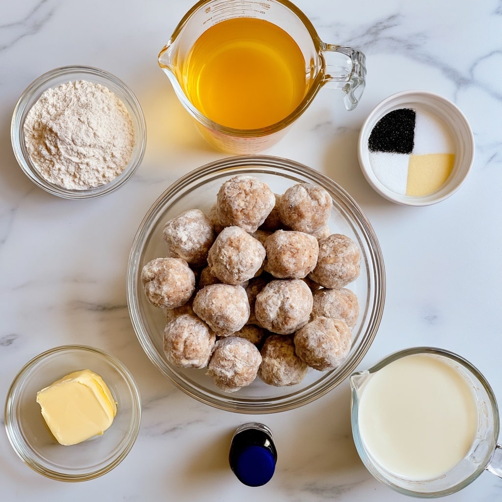 A top view of different cooking ingredients arranged on a white marbled surface. In the center, there is a clear glass bowl holding many raw meatballs that look light brown with a powdery texture. Above this bowl, there is a clear glass measuring cup filled with golden yellow chicken stock. To the left of the stock, a small clear bowl holds white flour. To the right of the stock, a small white bowl contains four sections of seasonings in black, white, and light yellow colors. Below the meatballs, there is a small clear bowl of light yellow butter, a tiny dark bottle of Worcestershire sauce with a blue cap, and a clear measuring cup filled with white half and half cream. The arrangement is neat and spaced out with labels above each ingredient. Photo taken with an iphone --ar 4:5 --v 7