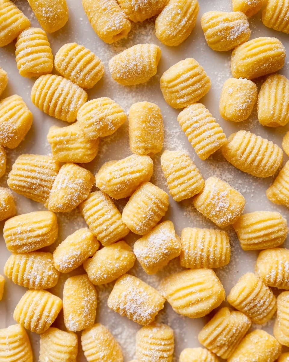 The image shows many small, yellow gnocchi pieces spread out close together on a white marbled surface. Each gnocchi has clear, even ridges running across its body, giving it a textured look. Some pieces have a light dusting of white flour, spread unevenly on top. The gnocchi are similar in size and shape, mostly small, rounded rectangular pieces with curved edges. The lighting highlights the soft texture and slight variations in the yellow dough color. photo taken with an iphone --ar 4:5 --v 7