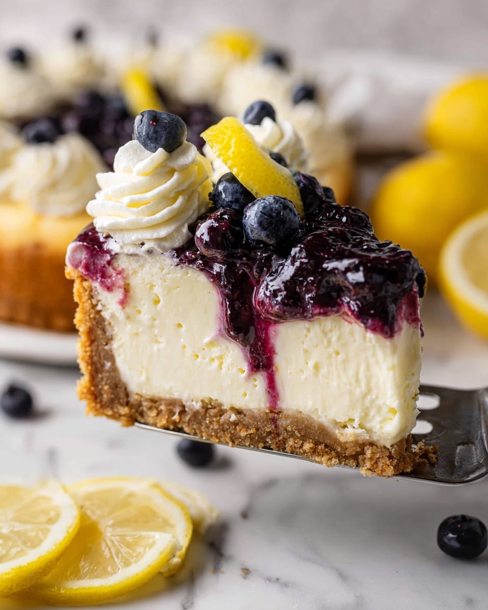 A slice of blueberry cheesecake is shown on a white plate with a white marbled texture surface underneath. The cheesecake has three layers: a crumbly golden brown crust at the bottom, a thick creamy beige middle layer, and a shiny dark purple blueberry topping filled with whole blueberries. Around the edge of the cheesecake, there are thick white swirls of whipped cream with small lemon peel garnishes placed on top. A clear glass bowl of fresh blueberries is in the background, along with some loose blueberries scattered nearby. photo taken with an iphone --ar 4:5 --v 7