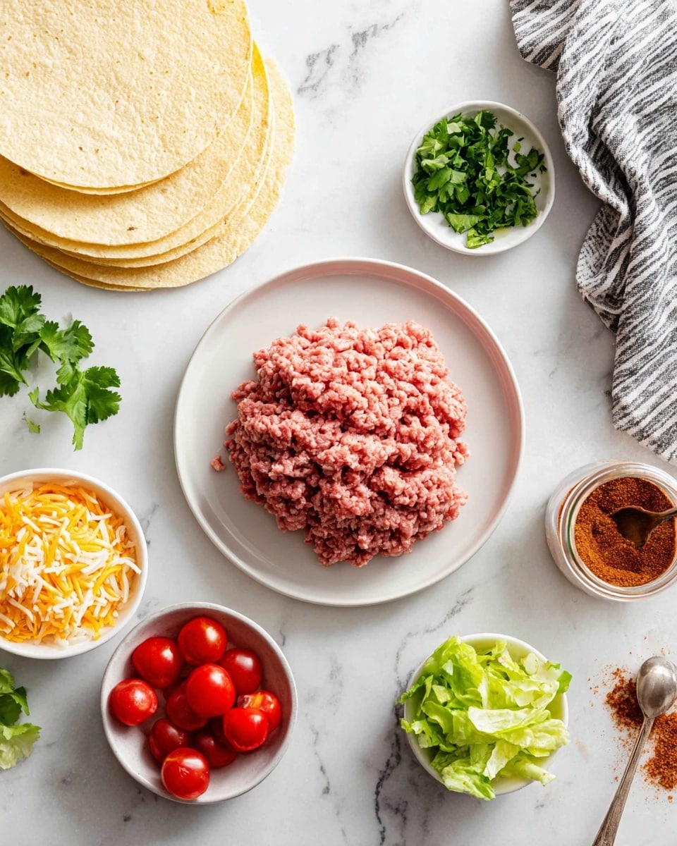 The image shows a white plate at the center with a mound of raw ground meat, pink and textured. Around it, on a white marbled surface, there are small white bowls filled with bright green fresh cilantro leaves, yellow and white shredded cheese, cherry tomatoes halved showing shiny red insides, and chopped green lettuce. To the left, several pale yellow corn tortillas are stacked in a pile. In the lower right corner, there is an open jar with reddish-brown taco seasoning powder and a spoon resting inside. A grey and white striped cloth is placed near the top of the image. photo taken with an iphone --ar 4:5 --v 7