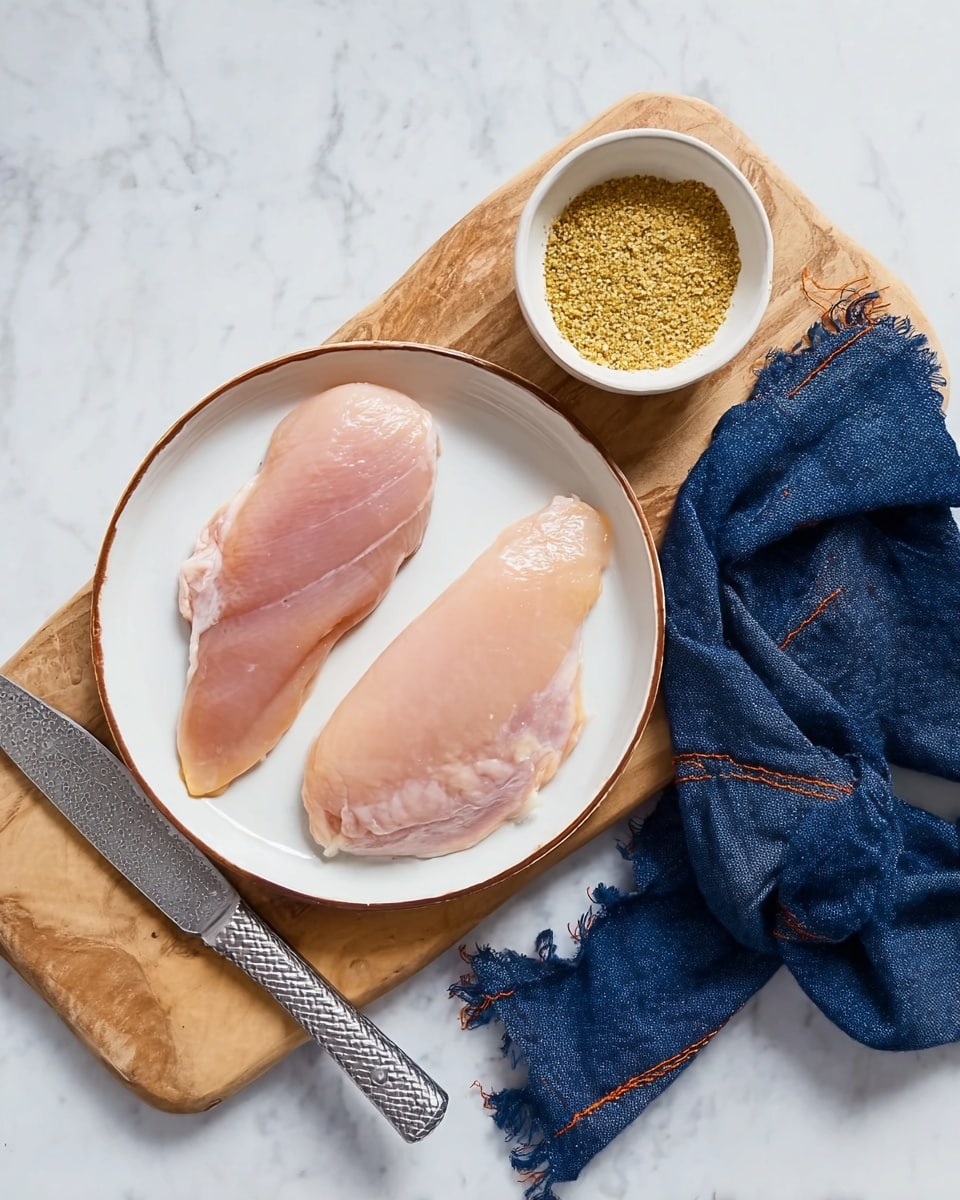 The image shows two pieces of raw chicken meat placed side by side on a white plate with a thin brown rim. The plate rests on a wooden cutting board. Above the plate, there is a small white bowl filled with a coarse golden-yellow seasoning. To the right of the plate and cutting board lies a crumpled dark blue cloth with visible orange stitching. At the bottom of the cutting board, there is a silver knife with a textured handle. The whole scene is set on a white marbled surface. photo taken with an iphone --ar 4:5 --v 7