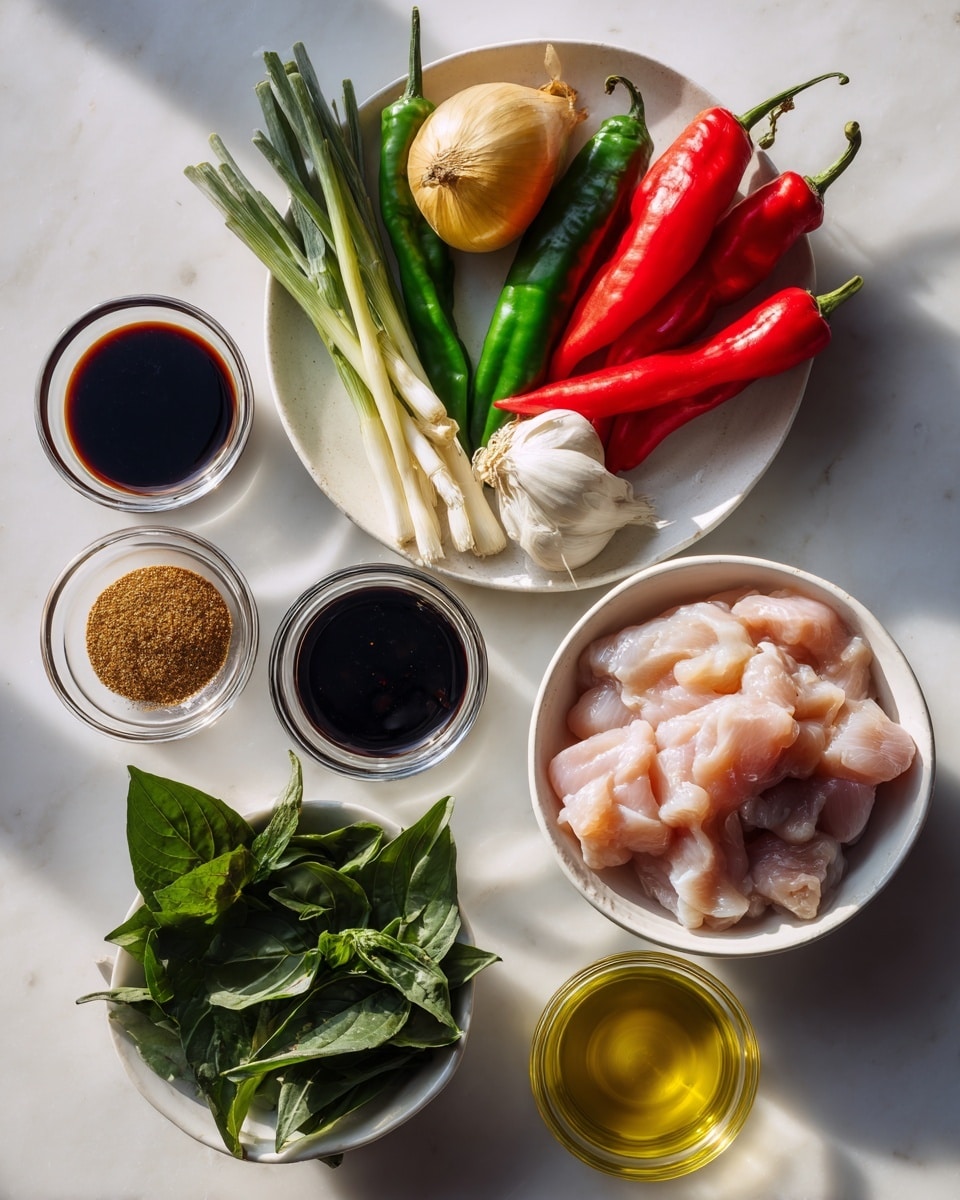 The image shows a collection of cooking ingredients arranged on a white marbled surface. At the top, a white plate holds three smooth, shiny peppers—two red and one green—plus several stalks of light green lemongrass, a quarter of a golden yellow onion, and some whole white garlic cloves with papery skin. Below this, a medium white bowl holds small, pale pink pieces of raw chicken. Surrounding the bowls and plate, there are several small clear glass and white ceramic bowls holding sauces and seasonings: a dark, almost black soy sauce, a thick dark oyster sauce with a shiny surface, a lighter brown granulated sugar, another darker soy sauce, and light golden oil. At the front, a small white bowl is full of fresh, dark green Thai basil leaves, their smooth textures and pointed tops visible. All the items are evenly spaced with soft natural light highlighting their colors and textures. Photo taken with an iphone --ar 4:5 --v 7