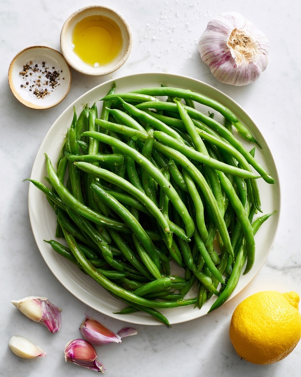 A round white plate is filled with bright green long green beans, arranged in a piled-up manner covering the whole plate. Above the plate, there are two small bowls, one with a small amount of olive oil in light yellow, and the other with salt and black pepper mixed, both bowls placed on a white marbled surface. On the lower right side of the plate, a whole yellow lemon and a few light brown garlic cloves with white and purple skin rest on the white marbled surface. The image is bright and clean with a fresh look photo taken with an iphone --ar 4:5 --v 7
