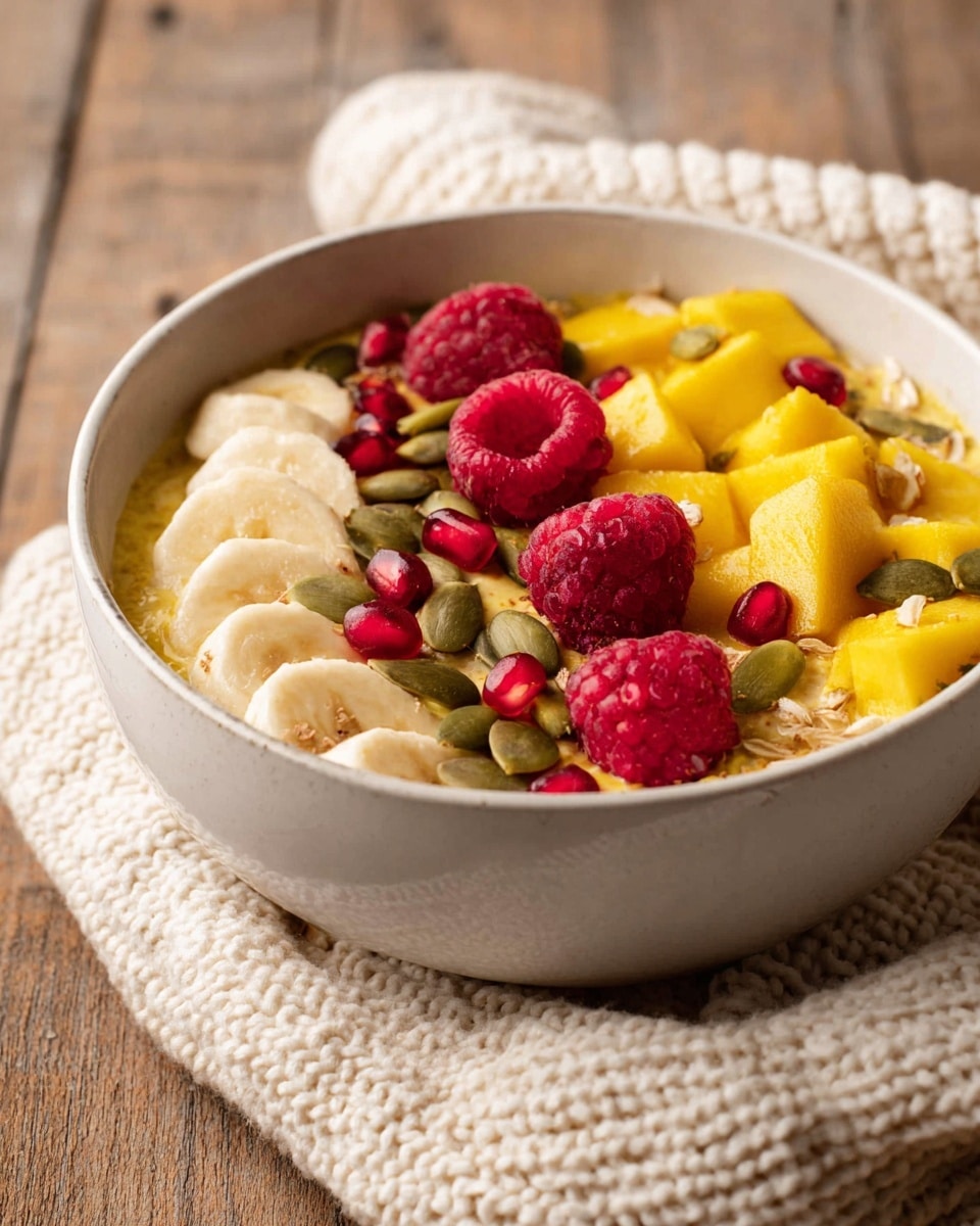 A white bowl filled with a creamy yellow base that looks like oatmeal or yogurt, topped with four layers of banana slices arranged side by side on one side, bright yellow mango pieces stacked neatly on another side, and three red raspberries placed close together on the third side. Scattered on top are green pumpkin seeds and small red pomegranate seeds. The bowl is placed on a wooden surface with a cream knitted cloth beside it. Photo taken with an iphone --ar 4:5 --v 7