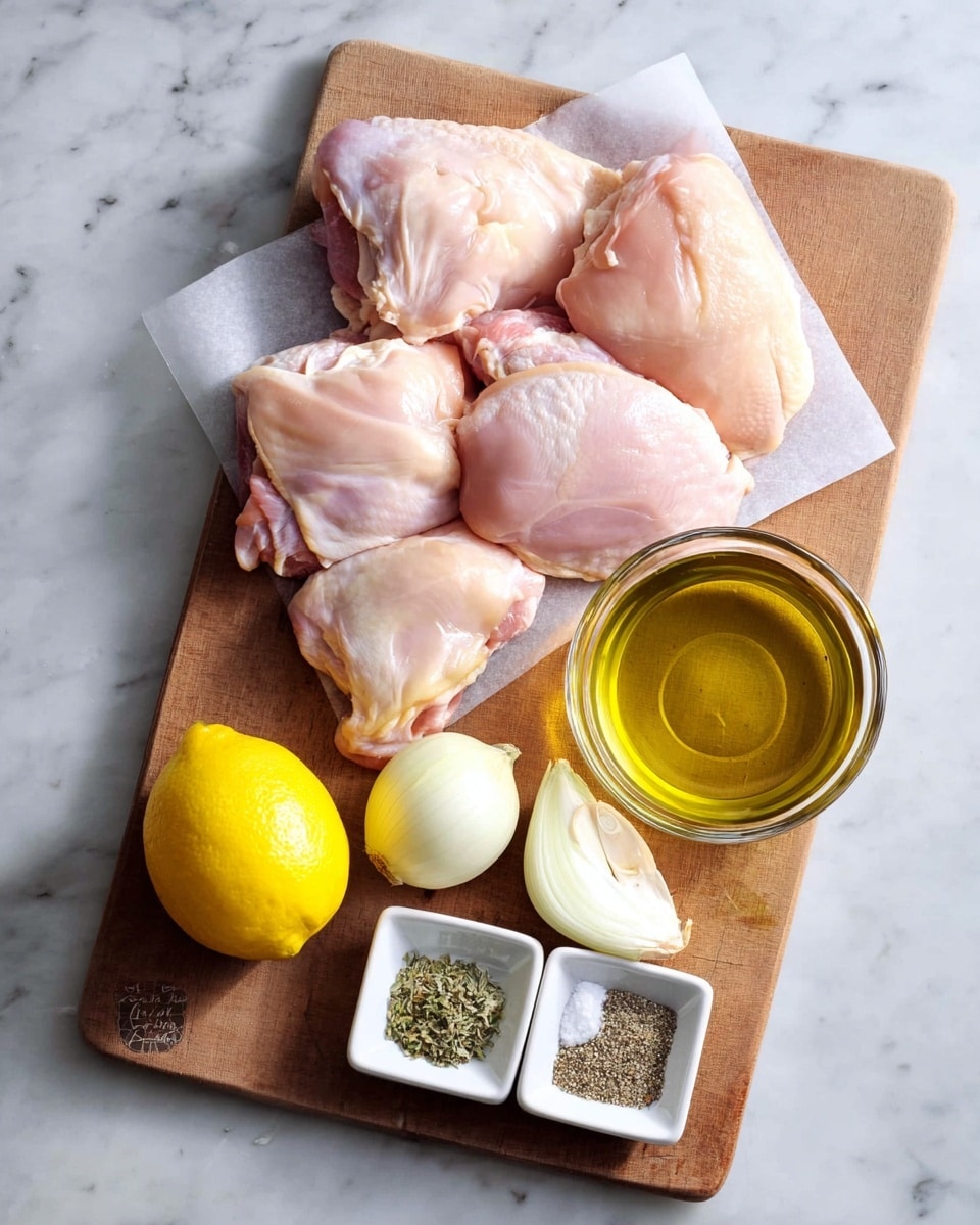 A wooden board on a white marbled surface holds several pieces of raw pink chicken thighs arranged closely together, some covered partially with a thin white paper. To the right of the board, there is a clear glass bowl filled with golden yellow olive oil. Below the olive oil is a whole yellow lemon, surrounded by four white garlic cloves and a whole yellow onion with light brown skin. Two small white square dishes sit next to the garlic and lemon; one contains green dried herbs, and the other has white salt and black pepper. The photo is taken with an iphone --ar 4:5 --v 7