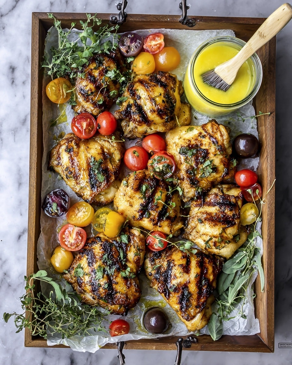 A tray holds eight pieces of grilled chicken thighs with visible grill marks and charred edges, showing a golden brown and slightly blackened texture. Scattered among the chicken are fresh green herb leaves, adding a touch of green color. Halved cherry tomatoes in red and yellow are placed around the chicken, adding pops of color and freshness. The tray is set on a white marbled surface, enhancing the food's vibrant colors. Photo taken with an iphone --ar 4:5 --v 7