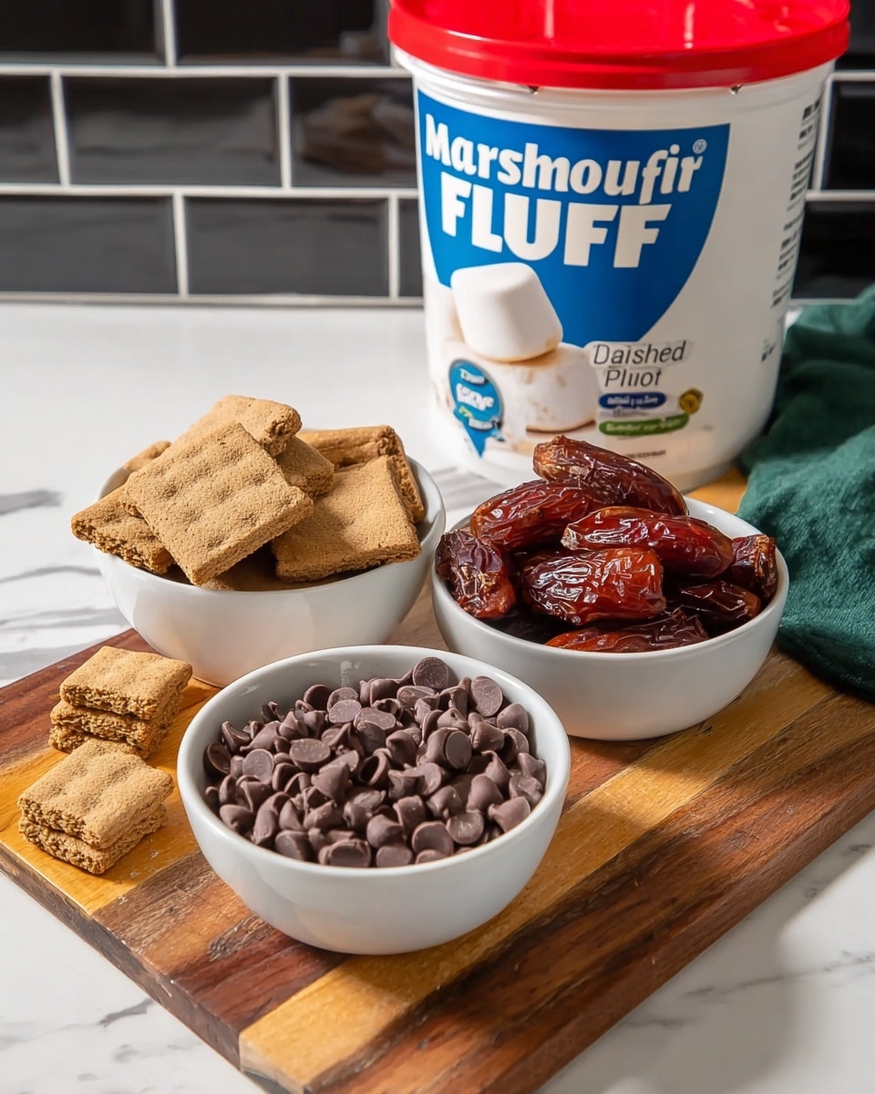 The image shows three white bowls on a wooden board placed over a white marbled surface. The first bowl, on the left, contains small square light brown graham crackers with a crumbly texture. The second bowl, centered in front, is filled with a mix of milk and dark brown chocolate chips with a smooth, glossy surface, some chips spilling onto the wooden board. The third bowl, on the right, contains shiny, reddish-brown dates with wrinkled skin. Behind the bowls, there is a large white container with a red lid labeled