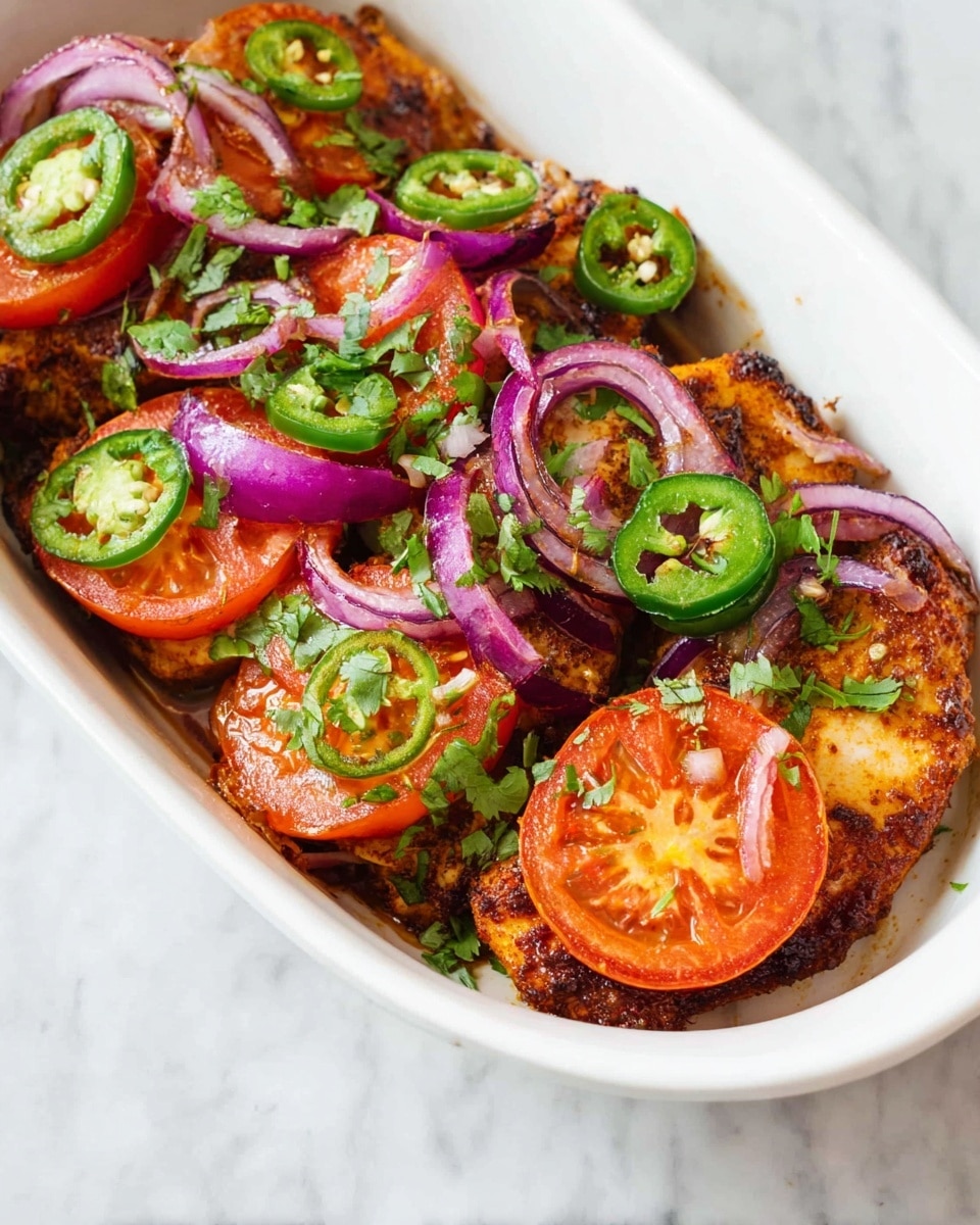 In a white dish on a white marbled surface, there are two pieces of cooked meat as the bottom layer with a warm, seasoned, golden-brown color and slightly crispy edges. On top of each piece, there are slices of ripe tomato in bright red, followed by rings of purple-red onion with a crisp texture. Above the onions, there are green jalapeño rings evenly spread, some sprinkled with light seasoning powder. Garnished on top are small pieces of fresh green cilantro leaves and thin slices of light-colored garlic, adding a fresh touch to the dish. The overall look is colorful with layers of different textures and fresh garnishes. photo taken with an iphone --ar 4:5 --v 7
