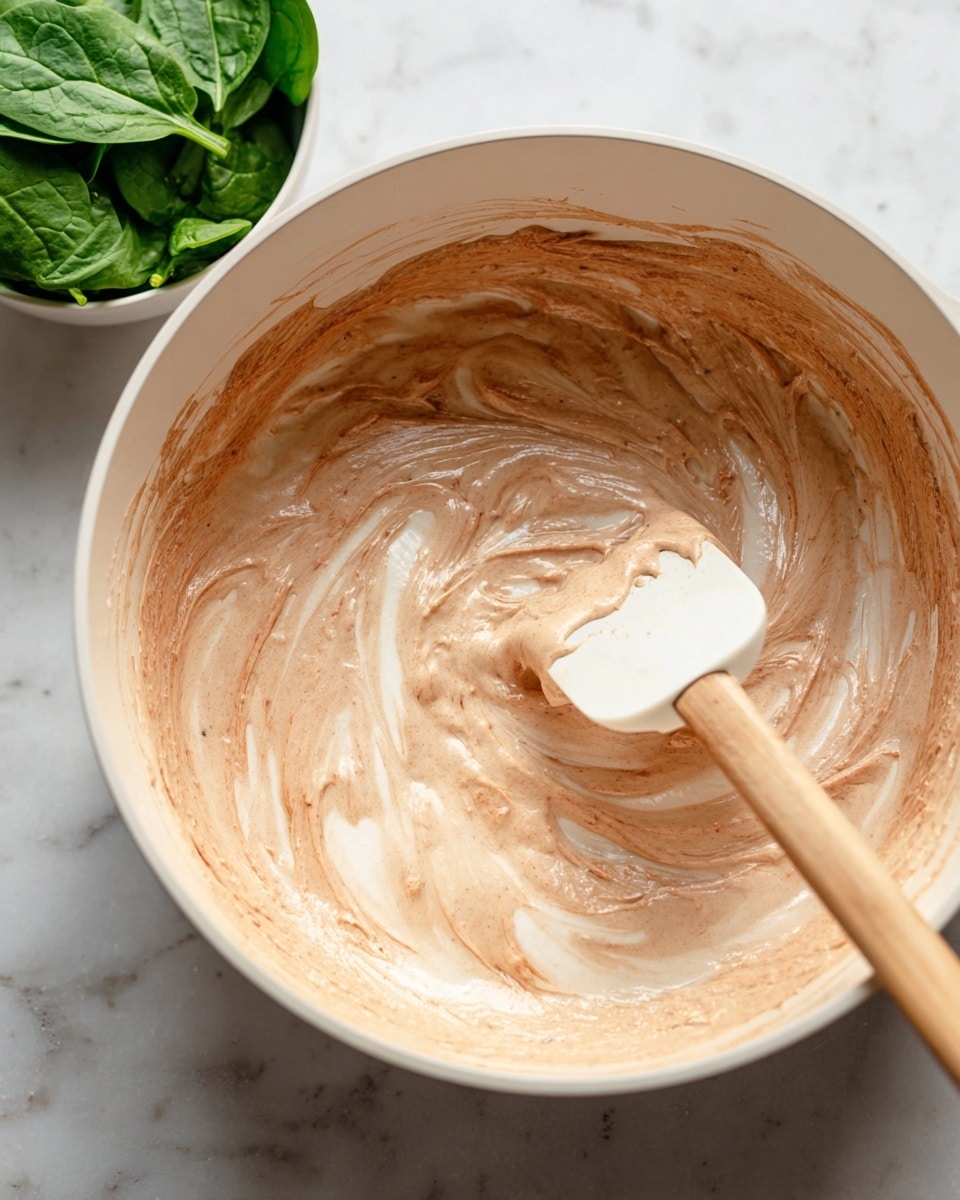 A close-up look inside a white pot shows a light brown creamy mixture with streaks of darker brown swirled throughout. A white spatula with a wooden handle stirs the mixture, blending the colors in soft, smooth layers. On the side, there is a white bowl with fresh green spinach leaves against a white marbled surface. The photo has a bright, clear look with soft light. photo taken with an iphone --ar 4:5 --v 7