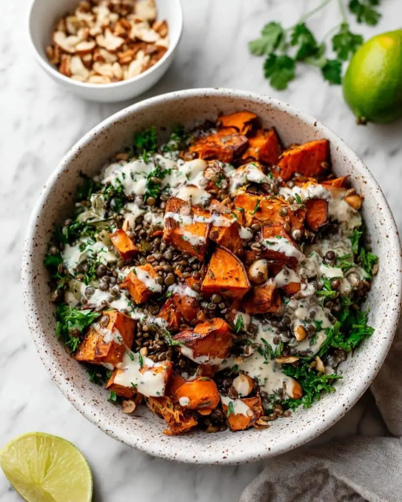Roasted Sweet Potato and Lentil Salad with Creamy Tahini Sauce Recipe