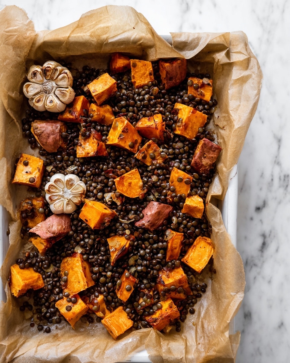 A white tray lined with brown parchment paper holds a roasted mix of dark brown lentils and bright orange chunks of roasted sweet potato with the skin on. In the top left corner of the tray, a cut head of garlic sits nestled in the parchment paper, showing off the creamy garlic cloves inside. The white marbled surface underneath adds a clean, bright background to the warm, earthy colors of the food. photo taken with an iphone --ar 4:5 --v 7