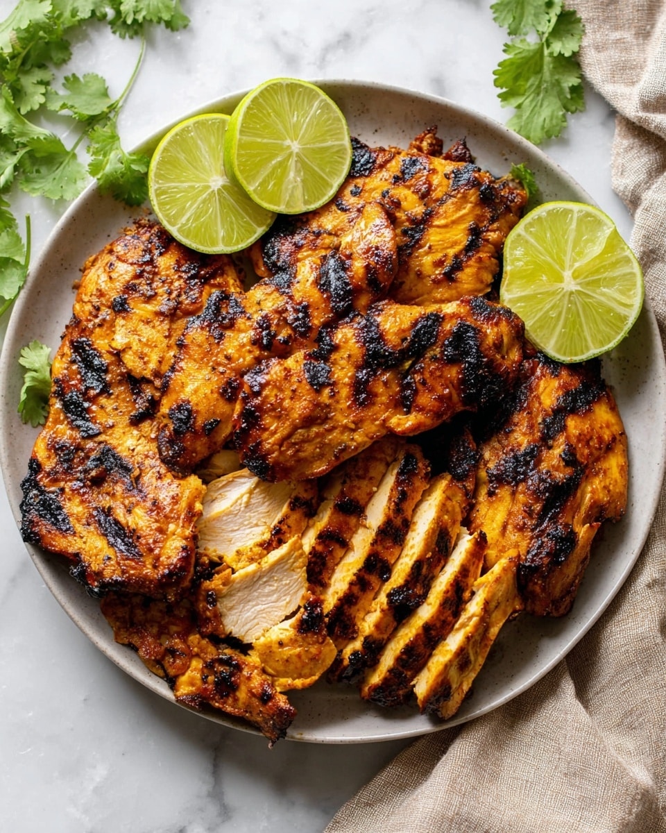 A white plate holds several pieces of grilled chicken with an orange-brown glaze and dark grill marks, showing a slightly charred texture. The chicken is sliced into thick pieces revealing tender, juicy meat inside colored light brown. At the back of the plate, there are three bright green lime wedges, cut to show their juicy, pale green inside. A silver fork holds up one large slice of chicken from the left side of the plate. The plate is set on a white marbled surface. Photo taken with an iphone --ar 4:5 --v 7