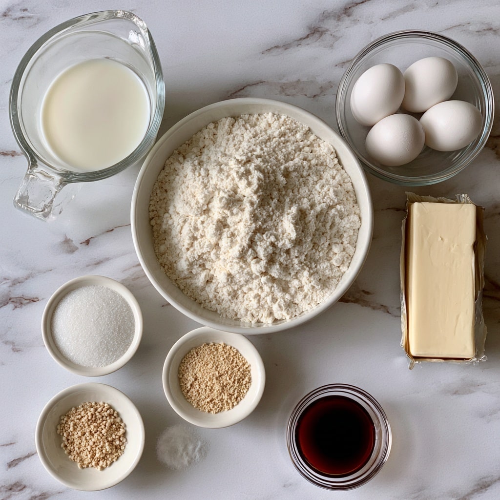 The image shows ingredients for baking arranged neatly on a white marbled surface. In the center, there is a white bowl filled with white gluten-free flour with a textured, slightly clumpy appearance. To the left, a clear glass measuring cup holds creamy white milk. Below the flour bowl, small white bowls contain white granulated sugar, light tan yeast granules, and a small amount of white salt. To the right of the flour, a clear glass bowl holds four whole white eggs. Next to it is a rectangular stick of pale yellow butter with a wrapper. Below the milk and salt is a small clear bowl with dark brown vanilla extract. Each ingredient is clearly visible with distinct textures and colors, arranged in an orderly fashion. Photo taken with an iphone --ar 4:5 --v 7