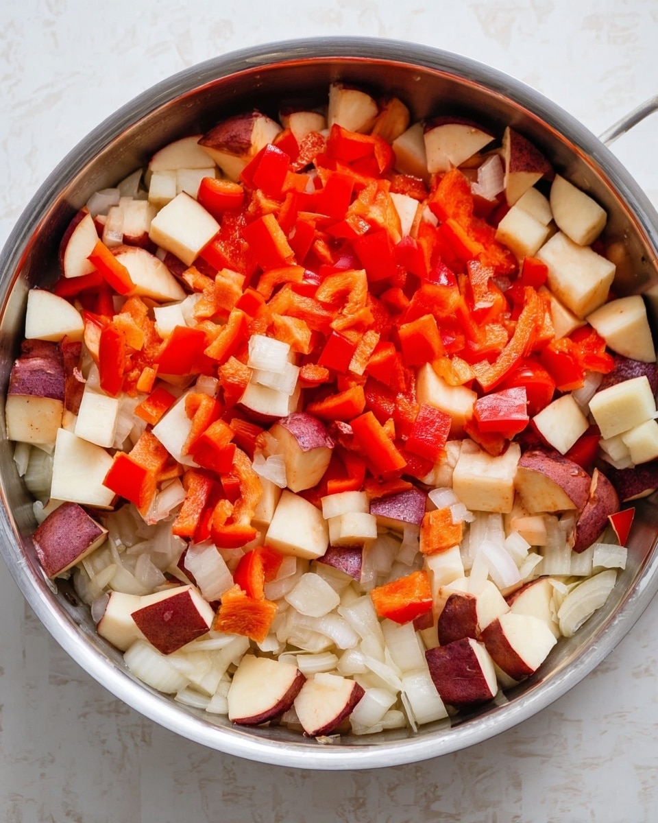 The image shows a metal pan filled with chopped vegetables. The base layer consists of small, translucent diced onions spread evenly across the bottom. On top of the onions are chunks of light-colored sweet potatoes with dark reddish skin edges, mixed with pieces of bright red bell peppers scattered throughout. The vegetables are raw and fresh, showing a mix of smooth and slightly rough textures. The pan and ingredients are placed on a white marbled surface photo taken with an iphone --ar 4:5 --v 7