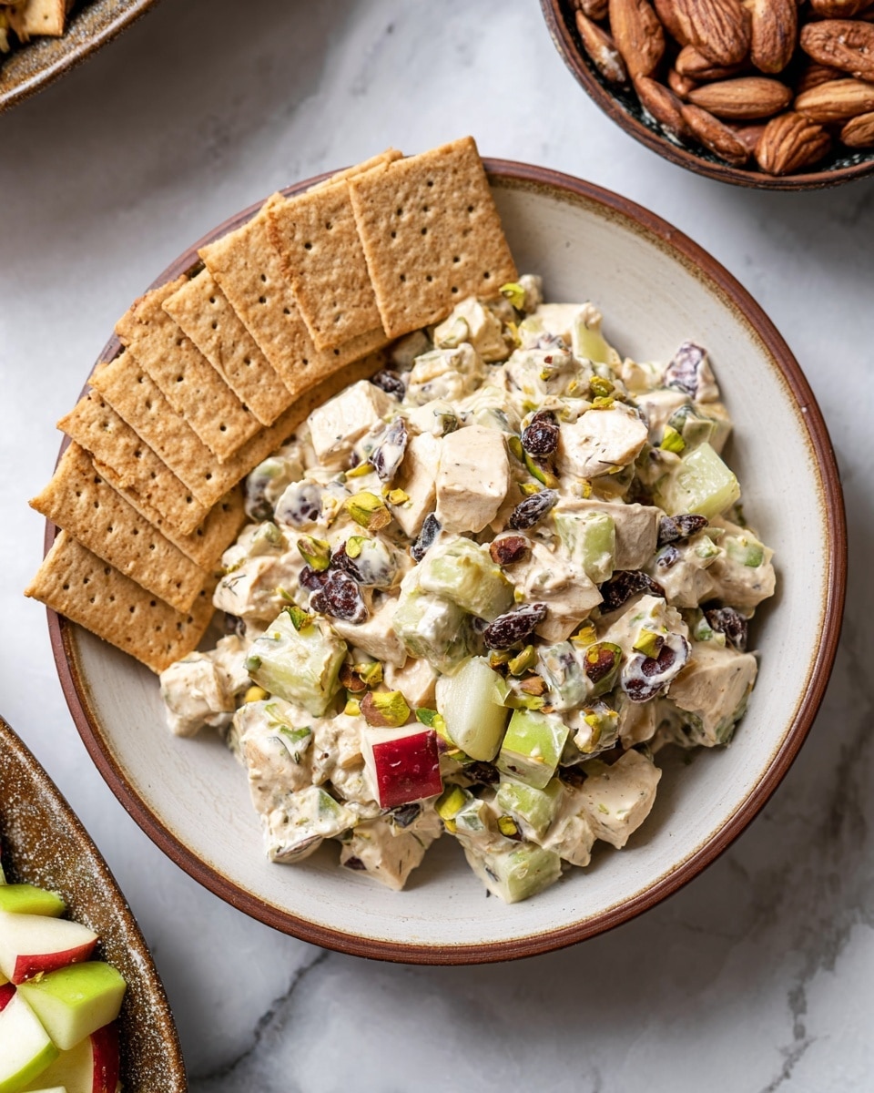 A white bowl with a brown rim holds a creamy chicken salad made of light beige chicken chunks, diced green celery, red apple pieces, and dark brown raisins mixed together with pistachios. The salad looks creamy and chunky with a mix of smooth and rough textures. On the left half of the bowl, there are light brown square crackers neatly stacked side by side, some slightly overlapping. The bowl is placed on a white marbled surface, with another bowl of mixed nuts visible in the background. Photo taken with an iphone --ar 4:5 --v 7