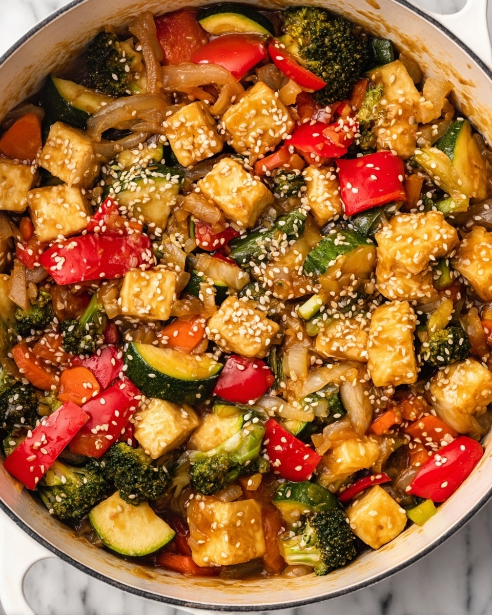 A close-up view of a white pot filled with a colorful stir-fry dish, showing large chunks of golden-yellow tofu pieces scattered on top. Around the tofu, there are bright red bell pepper cubes, green broccoli florets, light green zucchini slices, small orange carrot pieces, and translucent cooked onion chunks mixed together. The vegetables and tofu are covered in a glistening light brown sauce, and sprinkled generously with white sesame seeds. The pot rests on a white marbled textured surface. photo taken with an iphone --ar 4:5 --v 7