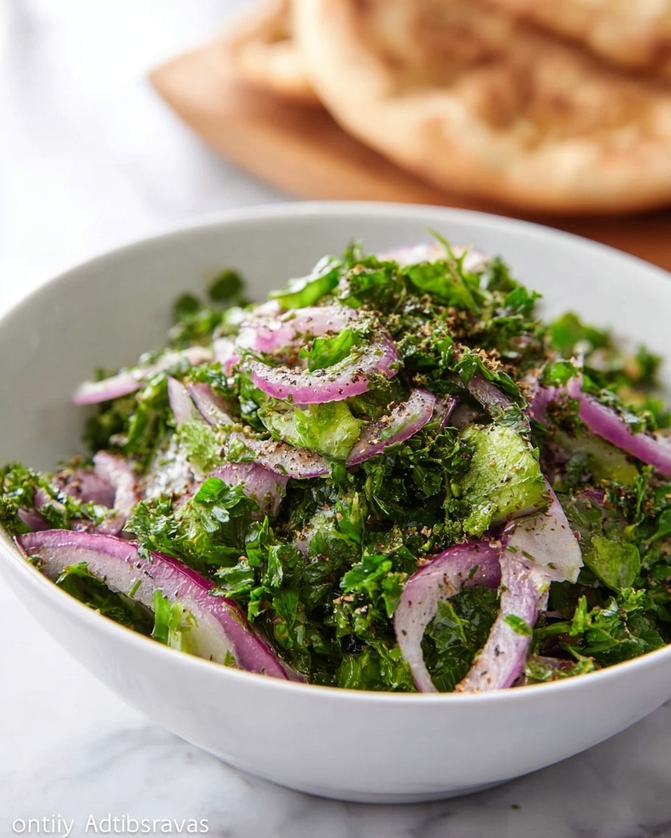 The dish shows a white bowl filled with a fresh salad made of layers of chopped green herbs and sliced purple onions. The green herbs are bright with leafy textures, covering the bowl evenly, while the purple onion slices add a vibrant contrast with their curved shapes and smooth surfaces. The salad looks lightly sprinkled with some dark fine seasoning. In the background, part of a flat, light brown bread is visible, placed on a white marbled surface. photo taken with an iphone --ar 4:5 --v 7