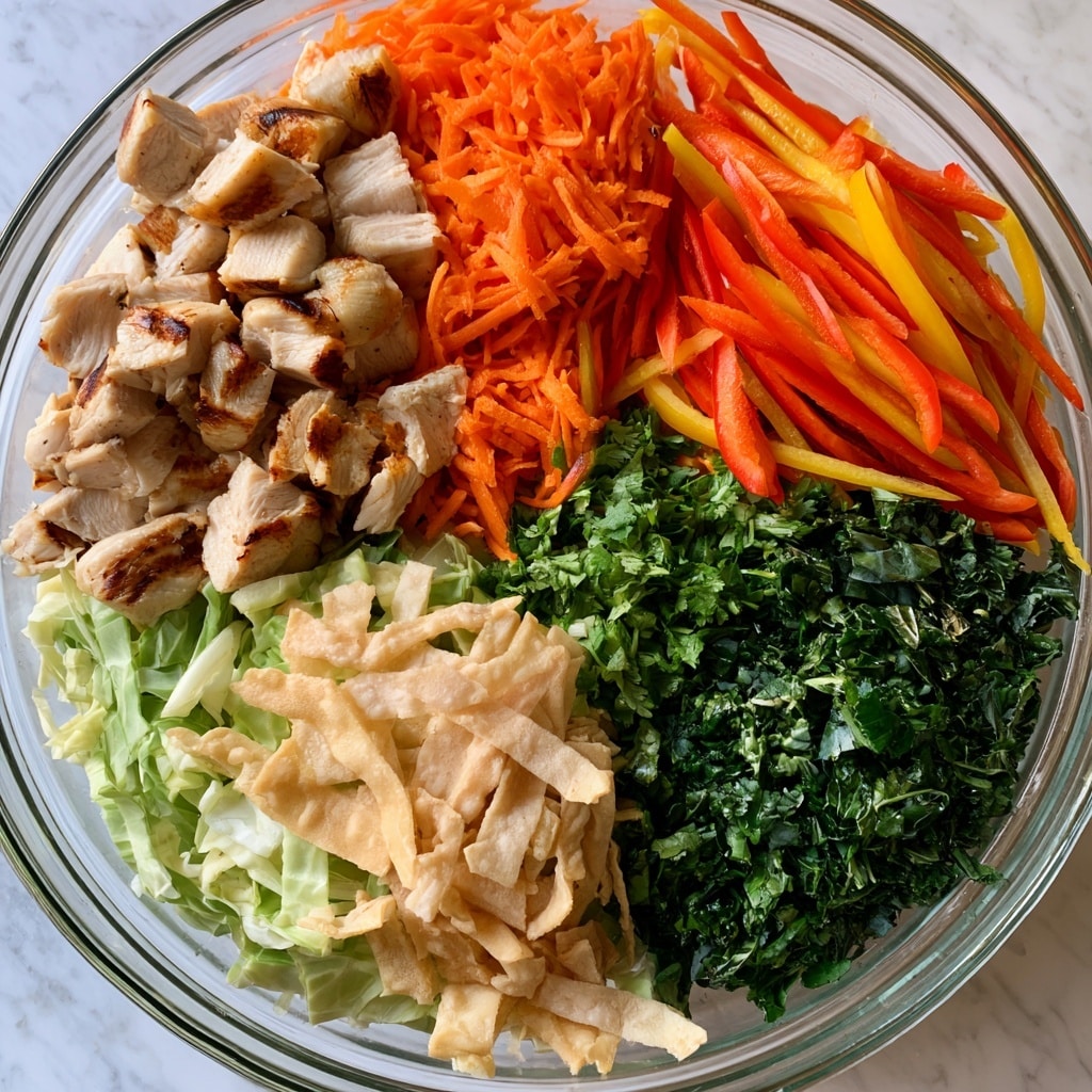 A clear glass bowl with six visible layers of fresh ingredients arranged side by side: diced cooked chicken pieces with light brown grill marks on the top left, bright orange shredded carrots next to it, thin red and yellow bell pepper strips in the middle right, finely chopped dark green kale on the bottom right, green chopped cilantro below the peppers and kale, pale green shredded cabbage on the bottom left, and light tan crunchy wonton strips placed over the cabbage. The bowl is placed on a white marbled surface. Photo taken with an iphone --ar 4:5 --v 7