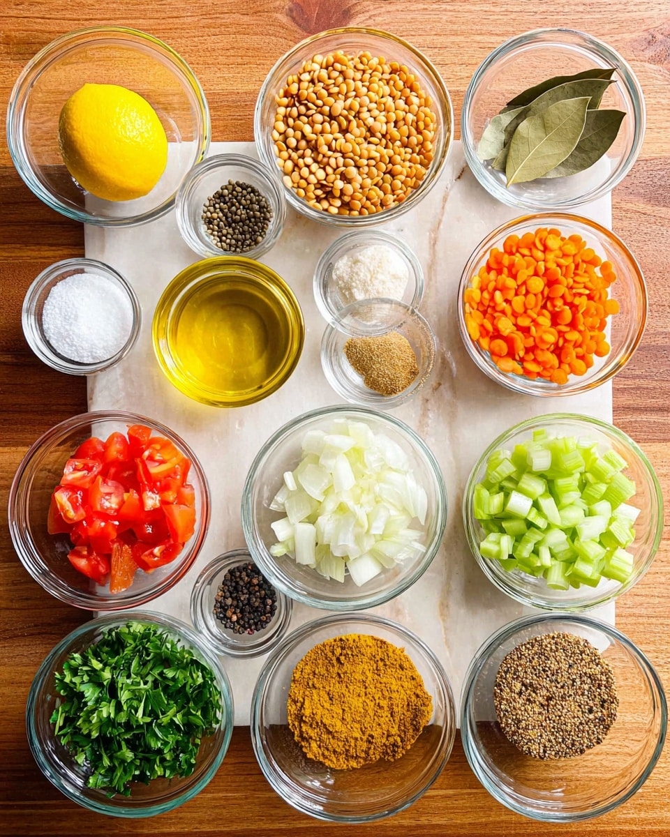 The image shows 14 small clear glass bowls arranged closely on a wooden surface. Each bowl holds a different ingredient: one has a yellow lemon wedge, another contains light brown lentils mixed with a few yellow bits, a bowl with two dried bay leaves, one filled with white grains, a bright yellow powder, another with salt, and one with small orange carrot cubes. There is a bowl of roughly chopped white onion, another with fresh green cilantro leaves, a bowl of bright red chopped tomatoes, a bowl of small green celery pieces, one with a yellow-brown ground spice, a bowl with finely chopped garlic, a bowl with golden oil, and a bowl with black ground pepper. The scene is lit brightly, with clear focus on the textures of each ingredient placed on a white marbled texture photo taken with an iphone --ar 4:5 --v 7
