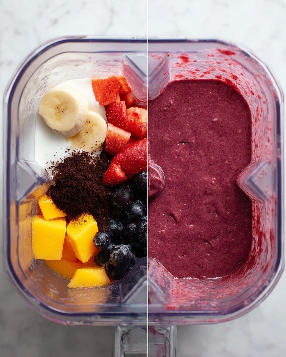 The image shows a close-up of a blender with two views. On the left side, the blender contains separate layers of ingredients including white yogurt, a slice of banana, bright orange mango chunks, red strawberry pieces, dark blue blueberries, and a pile of dark brown powder in the middle, all mixed inside the clear blender container. On the right side, the blender is filled with a thick, smooth smoothie that is a deep pinkish-purple color, covering the bottom and sides of the container evenly. Both views are placed on a white marbled surface. Photo taken with an iphone --ar 4:5 --v 7