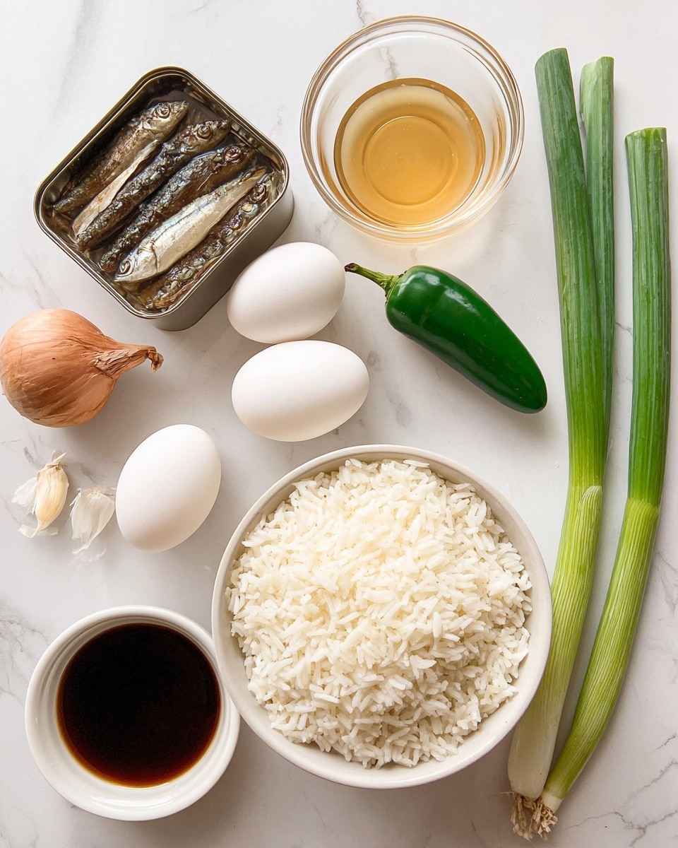 A white bowl filled with cooked white rice sits at the bottom right of the image on a white marbled surface, next to two long green scallions placed vertically on the right edge. Above the rice is a single green jalapeño pepper. To the left side, there is a clear glass bowl holding two white eggs with a small brown shallot and two garlic cloves placed beside it. At the top left is an open tin of small fish in oil, followed by a square white dish containing a golden brown liquid, and a round white dish with a dark brown liquid. The arrangement is neat and evenly spaced. Photo taken with an iphone --ar 4:5 --v 7