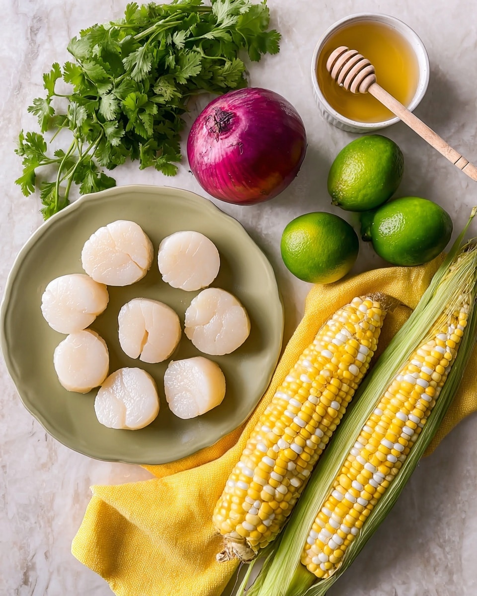 A light olive-colored plate holds ten white scallops, arranged close together, next to two fresh corn cobs partially husked showing rows of yellow and white kernels on the right side. Above them, to the right, sits a purple onion with its papery outer layer visible. Two shiny green limes and a bright green jalapeño pepper lie in the center. On the top left, fresh green cilantro leaves spread out behind a small white bowl filled with golden honey and a wooden honey dipper resting inside. A yellow cloth napkin sits beneath the honey bowl and part of the olive plate. All items are placed on a white marbled texture surface photo taken with an iphone --ar 4:5 --v 7