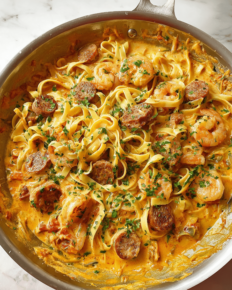 In a silver pan, creamy orange sauce forms the base layer, thick and smooth with small bits of diced vegetables mixed in. On top sit light yellow flat noodles, twisted and coated in the sauce, creating soft curves and loops. Scattered evenly are round slices of brown sausage and curled shrimp with a pale pink hue, all sprinkled with small chopped green herbs. The edges of the pan show remnants of sauce, adding a rustic feel. The background is a white marbled surface. Photo taken with an iphone --ar 4:5 --v 7