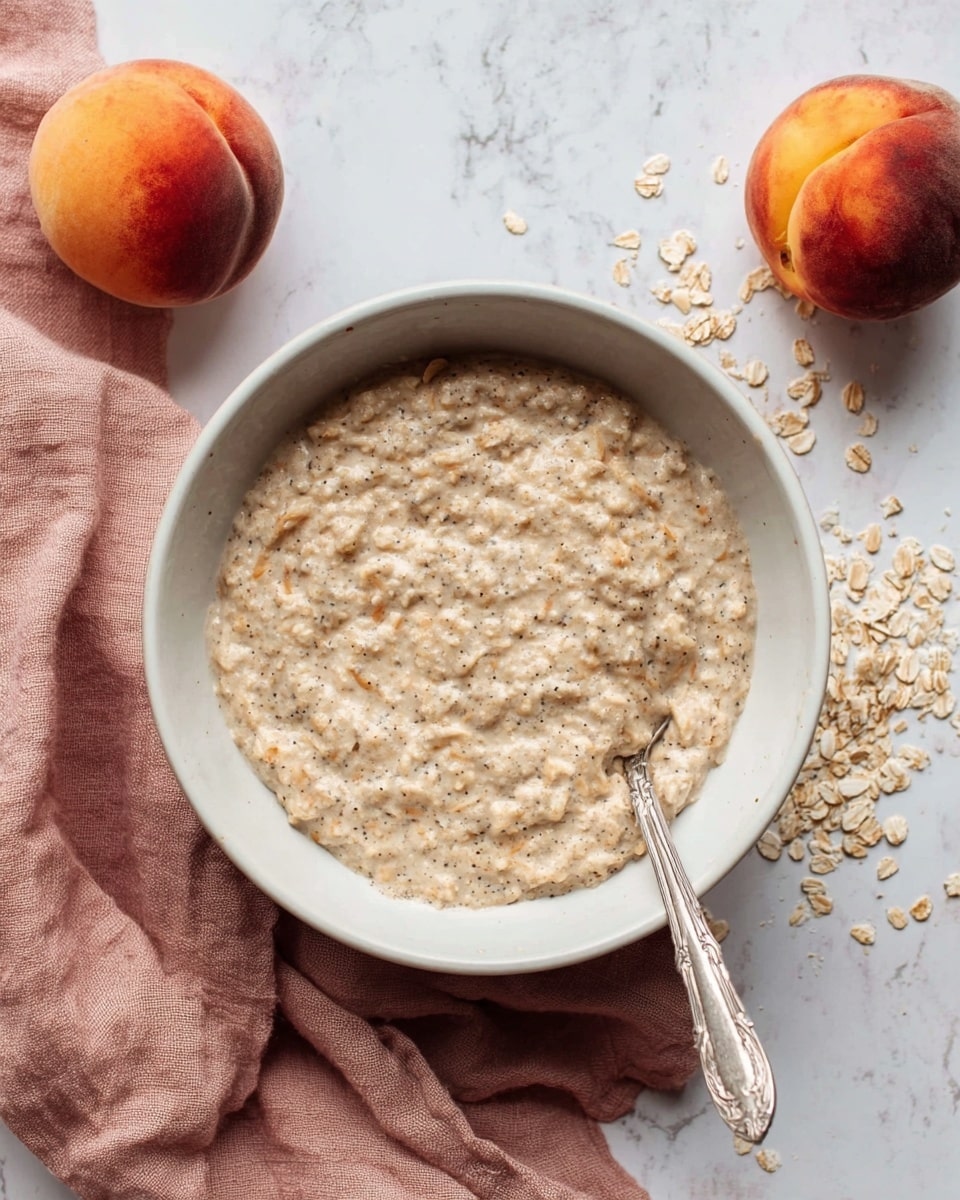 A white bowl filled with a thick, creamy oatmeal that has visible dark specks mixed throughout, giving it a textured appearance. A silver spoon with an ornate handle rests inside the oatmeal on the right side of the bowl. Two whole peaches with orange and red skin sit to the upper left of the bowl. A dusty pink cloth is placed gently on the white marbled surface to the right of the bowl, with a few scattered oat flakes on the marbled surface near the bowl. The photo taken with an iphone --ar 4:5 --v 7
