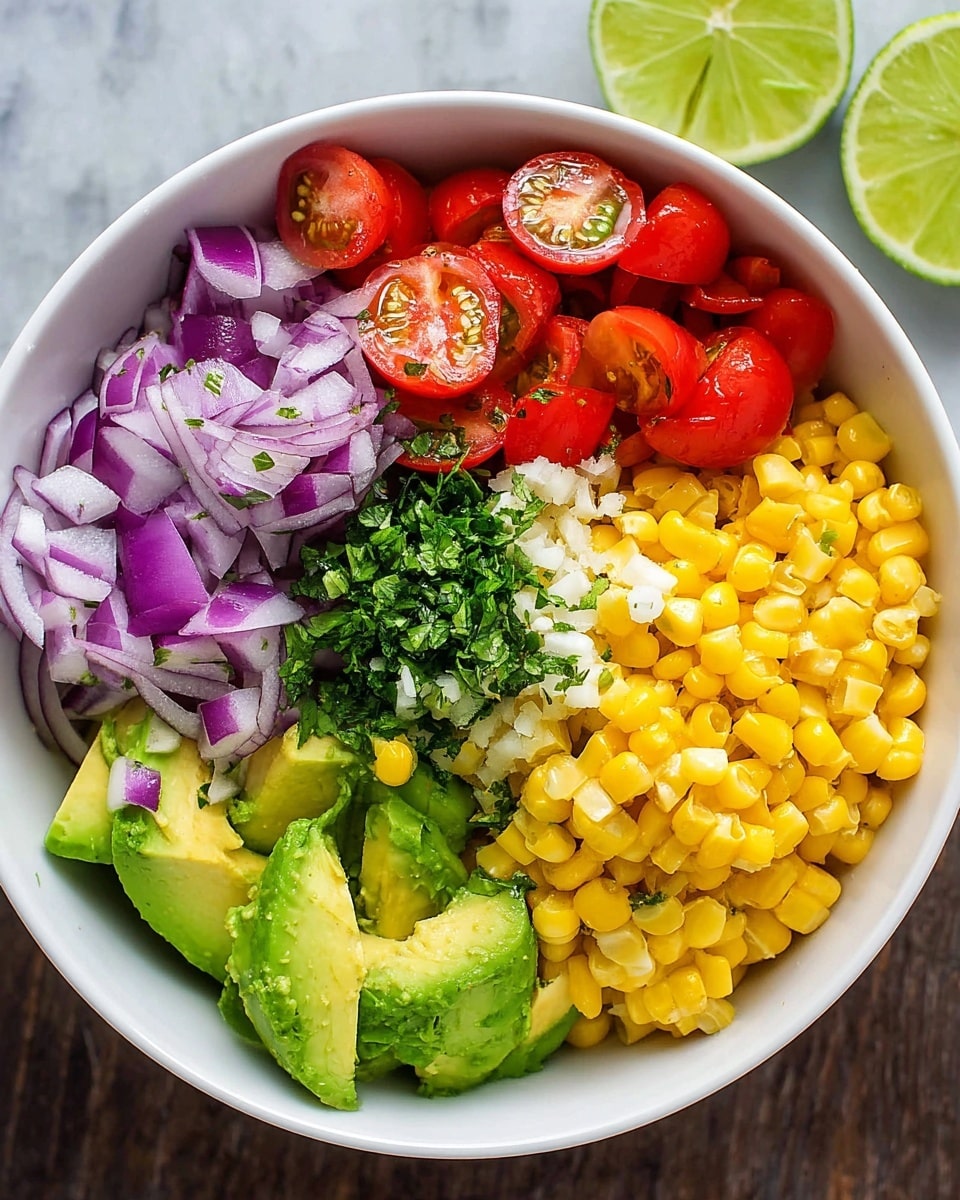 The image shows fresh ingredients arranged neatly on a white marbled surface: two whole ears of bright yellow grilled corn with some char marks on top right, a transparent bowl full of round, shiny red cherry tomatoes on upper left, two bright green limes placed near the center, two peeled garlic cloves next to the limes, a whole purple onion on the bottom left, a bunch of fresh green cilantro leaves spread across the bottom, and three dark green avocados on the right side. The colors are bright and the textures range from smooth and shiny to leafy and rough. photo taken with an iphone --ar 4:5 --v 7