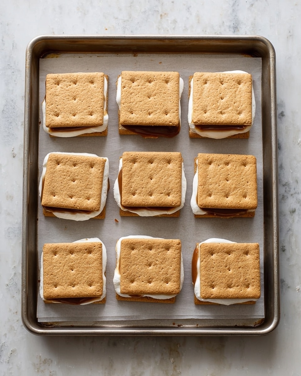 Nine s'mores are arranged in three rows and three columns on a metal baking sheet lined with parchment paper. Each s'more has three visible layers: a square light brown graham cracker on the top and bottom, sandwiching a layer of white marshmallow and a layer of creamy light brown peanut butter. Some marshmallow slightly oozes out from between the crackers. The baking sheet is placed on a white marbled surface. photo taken with an iphone --ar 4:5 --v 7