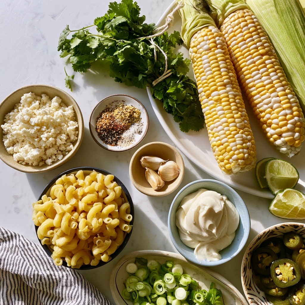 The image shows several small bowls and a plate with fresh ingredients arranged on a white marbled surface. At the top left, a white plate holds three fresh ears of corn with yellow and white kernels and some green husks. To the right, there is a bunch of fresh green cilantro tied with a string. Below the cilantro, a beige bowl is filled with small white crumbly cotija cheese. Near the center, a small round bowl contains an array of spices and seasoning in different colors: light brown, red, black, and white. To the left, a dark-rimmed bowl holds yellow macaroni pasta. Below that, a light blue bowl contains white mayonnaise with a smooth texture. Next to the mayo, a small beige bowl has three garlic cloves, one partially peeled. On the right side, a small patterned dish holds several lime wedges with bright green skin and yellowish flesh. Below that, a bowl is filled with chopped green onion, showing vibrant green rings. A small bowl at the bottom center contains sliced pickled jalapenos with dark green skin and seeds visible. A white and gray striped cloth is partially visible at the bottom left corner. The whole setup is bright and clean with natural light highlighting textures and fresh colors photo taken with an iphone --ar 4:5 --v 7