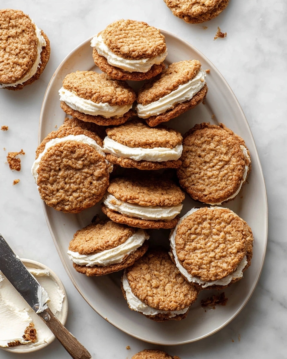 A white oval plate filled with many round oatmeal sandwich cookies, each cookie made of two light brown oat-textured layers with a thick smooth white cream layer in the middle, one cookie on the plate is broken showing the cream inside, and there are more broken oatmeal sandwich cookies placed on the white marbled surface around the plate, a knife with white cream on the edge is seen on the bottom left corner. photo taken with an iphone --ar 4:5 --v 7