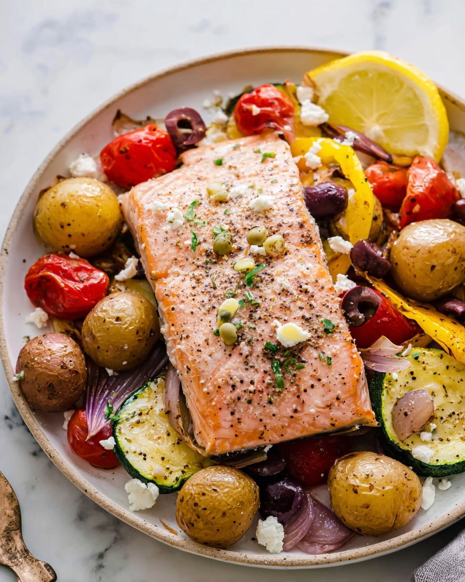 A white plate holds a thick piece of pink cooked salmon seasoned with black pepper and small green herb pieces, placed in the center. Around the salmon, there are golden-brown roasted small potatoes, bright red cherry tomatoes, yellow and green slices of roasted zucchini, thin light brown onion slices, and black olives. White crumbled cheese bits are scattered across the vegetables. A lemon wedge with a bright yellow color is placed toward the upper right, next to the salmon. The whole dish rests on a white marbled surface. photo taken with an iphone --ar 4:5 --v 7