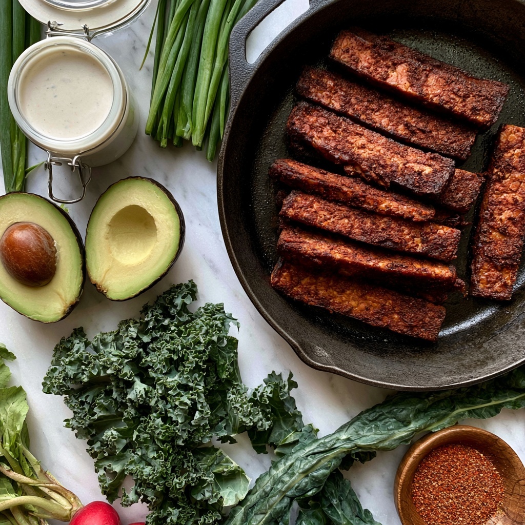 A black cast iron pan holds eight pieces of blackened tempeh with a dark brown spicy crust stacked close together in the center right of the image. To the left top, there is a small white jar filled with creamy vegan ranch sauce with a metal clasp lid open, and next to it is a bunch of green onions. Below the jar, two avocado halves lay side by side, showing a light green inside and one with a large brown seed. Below the avocado, curly and crinkled dark green lacinato kale leaves stretch toward the bottom right. On the bottom left, fresh radishes with green leaves are partially visible. To the right of the radishes, a small wooden bowl holds reddish-brown Cajun seasoning. The whole scene is set on a white marbled surface. photo taken with an iphone --ar 4:5 --v 7