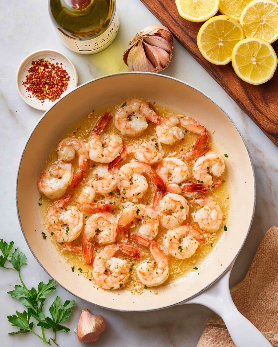 A white pan filled with cooked shrimp sitting in a light golden garlic sauce, the shrimp are pink with light orange tails arranged close together in the center. Around the pan on a white marbled surface are three small brown shallots, a bottle of white wine, parsley leaves, a white dish with red chili flakes, and a wooden board holding four lemon wedges and a half lemon. The scene is brightly lit with a clean and fresh look. photo taken with an iphone --ar 4:5 --v 7