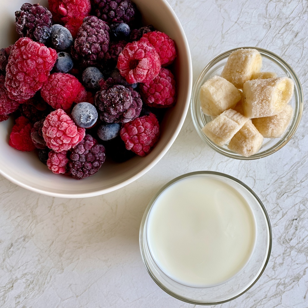 A white bowl filled with frozen mixed berries showing deep red raspberries, dark purple blackberries, and small blue blueberries, all covered in frost on the top left side of the image. Next to it on the right is a clear small glass bowl holding frozen banana pieces that are pale yellow with frosty white edges. Below these bowls, there is a clear glass of organic full fat plain kefir that looks creamy white. All items are placed on a white marbled textured surface. Photo taken with an iphone --ar 4:5 --v 7