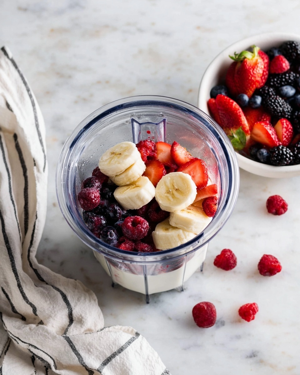 A clear blender cup sits on a white marbled surface, filled with three layers: the bottom layer is white milk, the middle layer shows small dark blueberries and red raspberries scattered around, and the top layer has thick slices of pale yellow banana and larger red strawberries. To the right is a white bowl filled with a mix of fresh strawberries, blueberries, raspberries, and blackberries. A white cloth with black stripes lies on the left side of the surface. Photo taken with an iphone --ar 4:5 --v 7