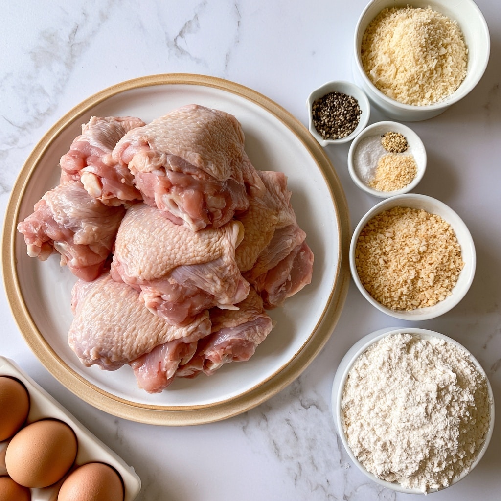 The image shows raw chicken thighs placed on a white plate with a light brown rim, resting on a white marbled surface. Around the plate are small white bowls containing different ingredients: a bowl with grated parmesan cheese in the top right, a small bowl with seasonings including black pepper, salt, and two types of garlic powder below it, a white bowl filled with light golden panko breadcrumbs in the center, and another white bowl filled with white flour at the bottom right. In the bottom left, there are three brown eggs in a white egg tray. All items are placed neatly on a white marbled background. photo taken with an iphone --ar 4:5 --v 7