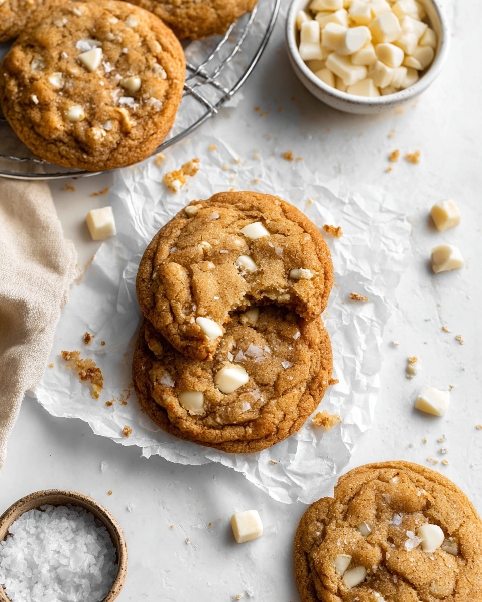 Four golden brown cookies with white chunks spread throughout are placed on crinkled white parchment paper over a metal wire rack, with one cookie in the front having a bite taken out showing a soft inside texture. Scattered small cookie pieces and white chunks lie around the cookies on a white marbled surface. In the background, there are a small white bowl of coarse salt and a small metal cup filled with white chunks. The colors are warm and soft with a bright and clean setting, photo taken with an iphone --ar 4:5 --v 7
