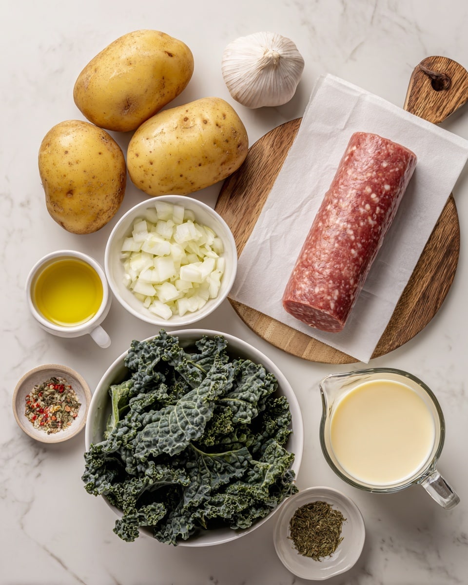 The image shows raw ingredients laid out on a white marbled surface, including three whole potatoes with yellowish brown skin on the top left, a bulb of garlic below them, and a block of raw Italian sausage with red and pink tones sitting on a piece of white paper over a round wooden board to the right. Below the sausage, there is a small white bowl filled with chopped white onion pieces, and next to it a large white bowl full of dark green kale leaves with textured edges. To the right of the kale, a clear glass measuring cup holds pale yellow chicken stock. In the bottom middle, a white cup contains creamy off-white heavy cream, and next to it on the left is a small white bowl with bright yellow olive oil. A small white dish near the potatoes has mixed seasonings with green herbs, red flakes, and white salt. The layout is neat and the colors contrast well against the clean white marbled surface photo taken with an iphone --ar 4:5 --v 7