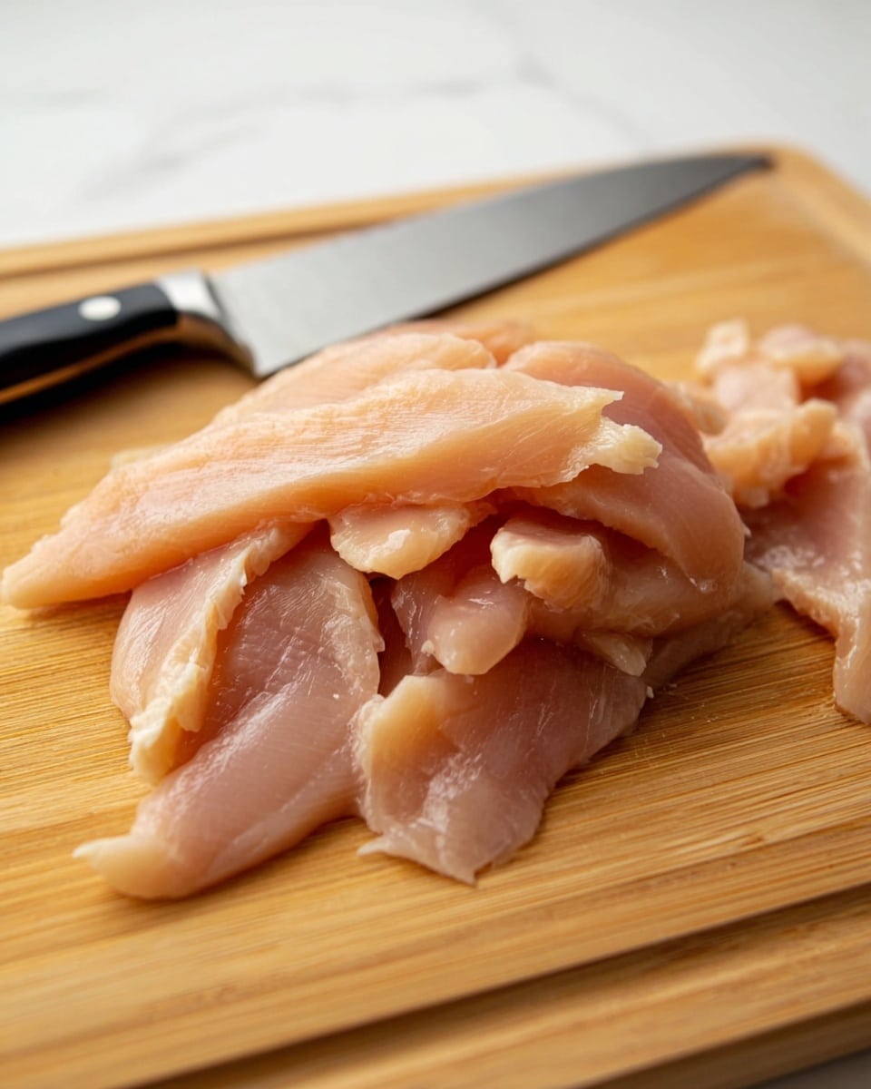 The image shows several raw chicken slices layered on a light brown wooden cutting board with smooth texture. The chicken pieces are pale pink with some parts more translucent and fleshy in appearance, unevenly stacked in the center. The chicken slices vary in thickness and length, softly folded over each other. A knife with a black handle and shiny silver blade rests on the left side of the cutting board, angled toward the chicken. The background features a white marbled texture. photo taken with an iphone --ar 4:5 --v 7